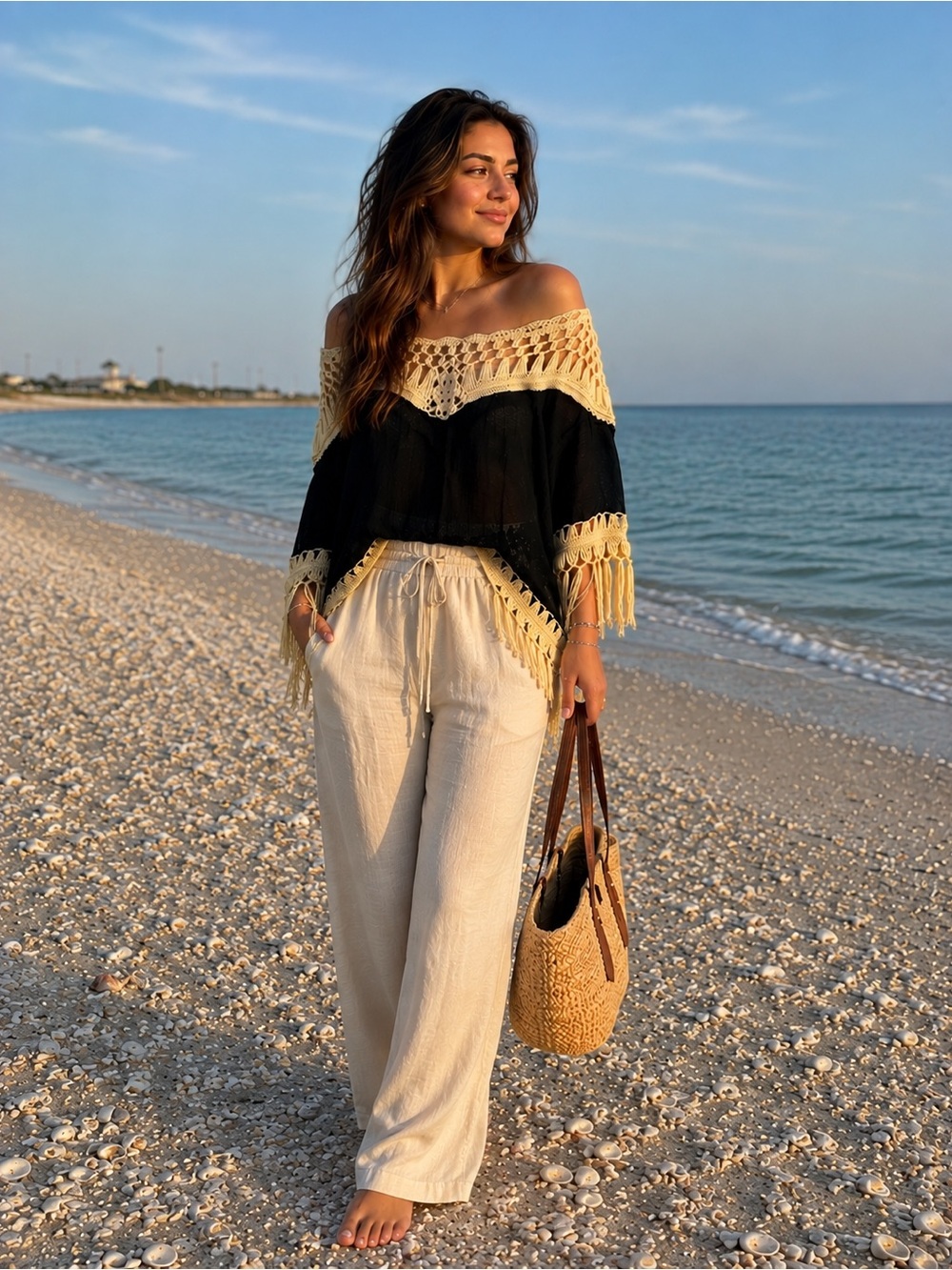Dreamers Black Tunic with Cream Crochet Fringe